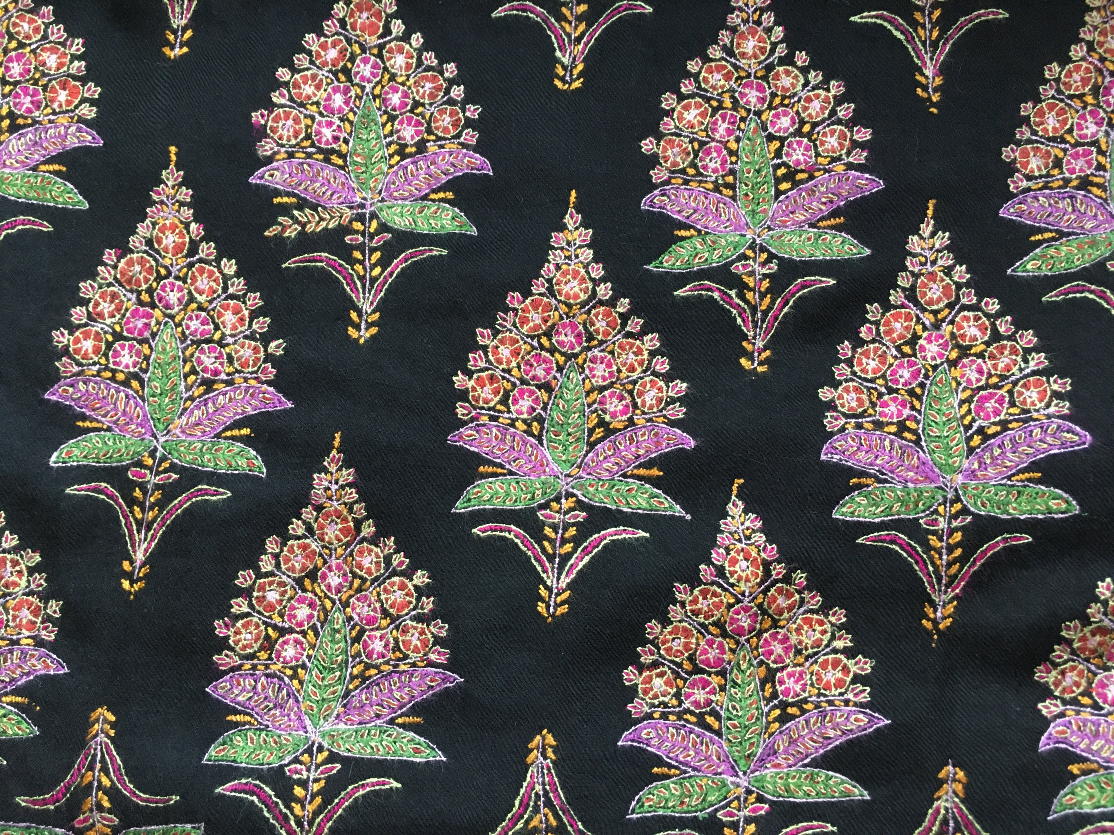Black Kashmiri pashmina shawl with colourful hand-embroidered floral motifs